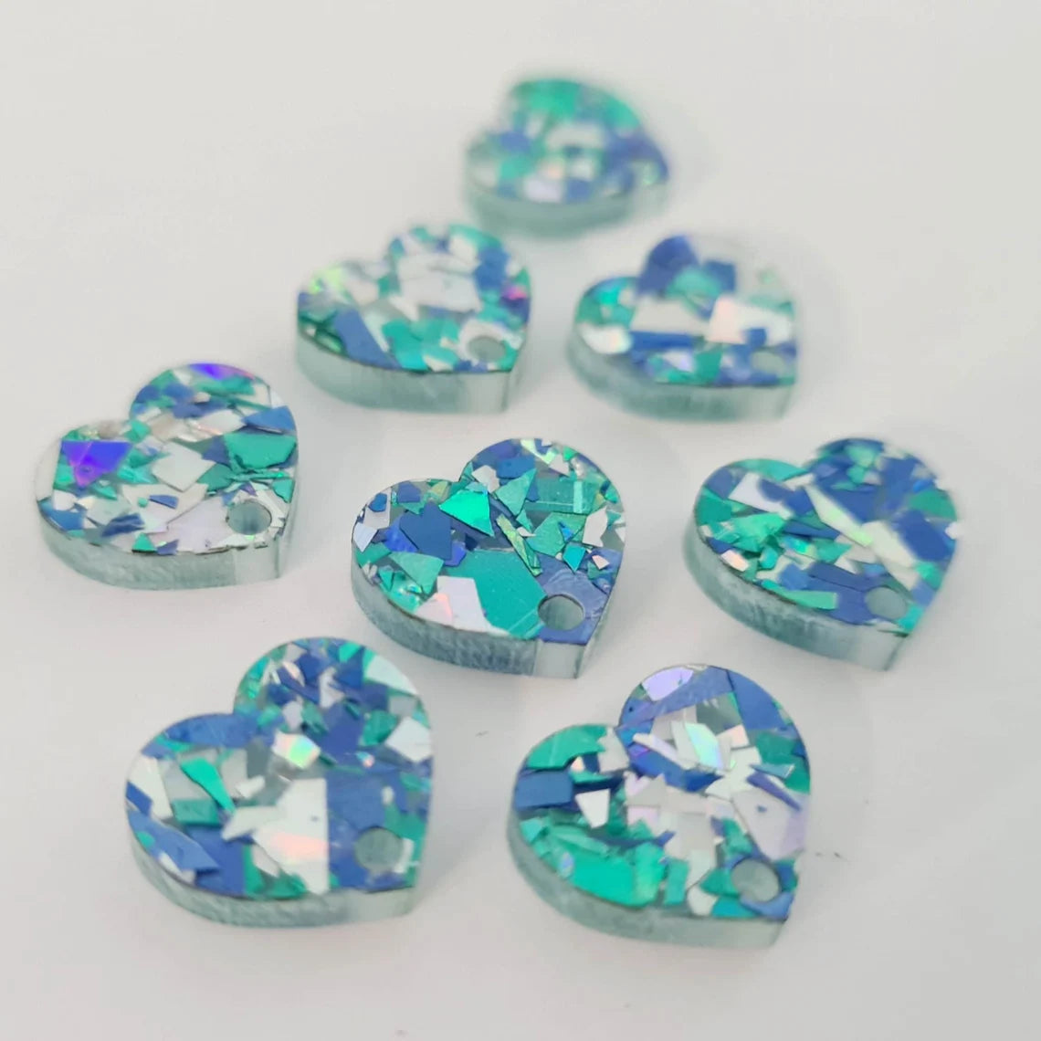 14mm AQUA GLITTER Acrylic HEART Toppers/Studs